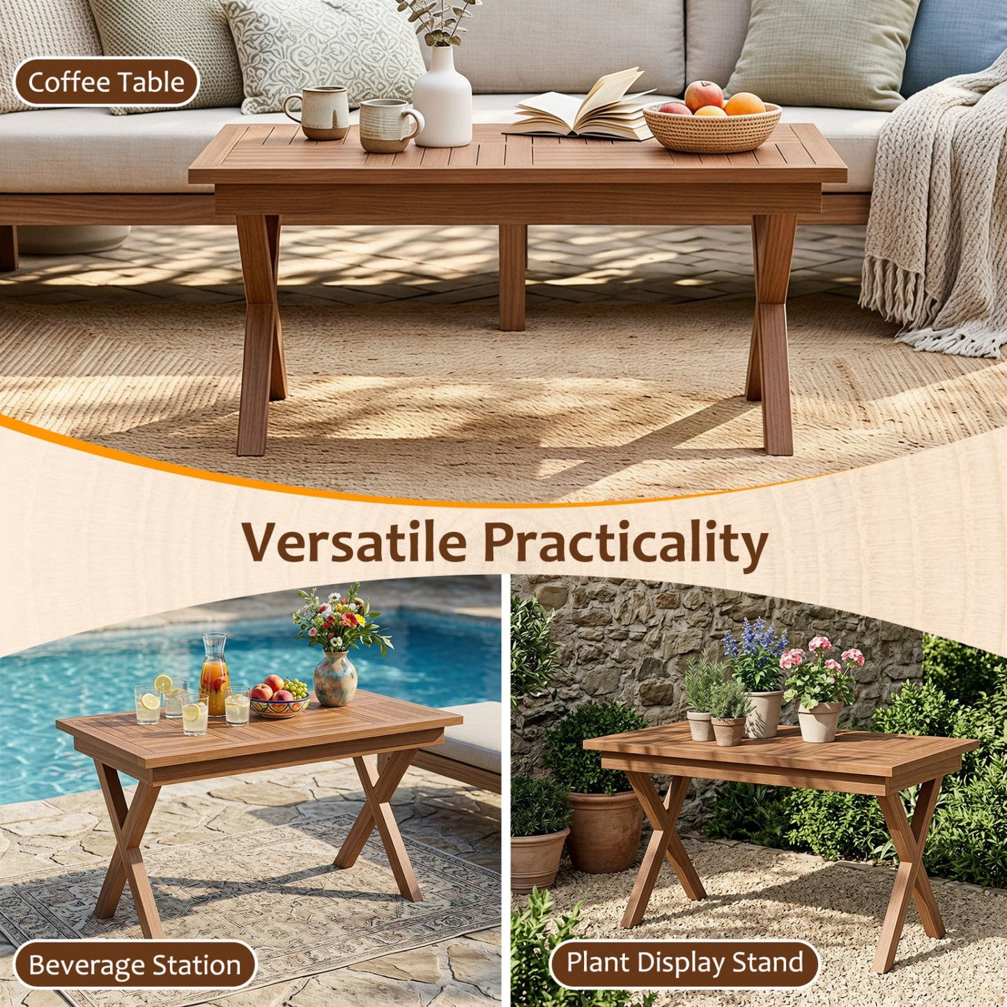 Table basse d'extérieur en bois de teck 31,5", plateau patio à lattes