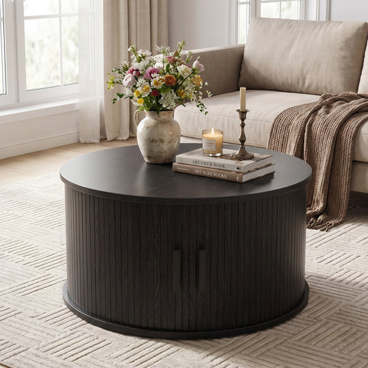 31.5" Round Coffee Table with Storage, Sliding Tambour Door, Black Coffee Tables Black at Gallery Canada