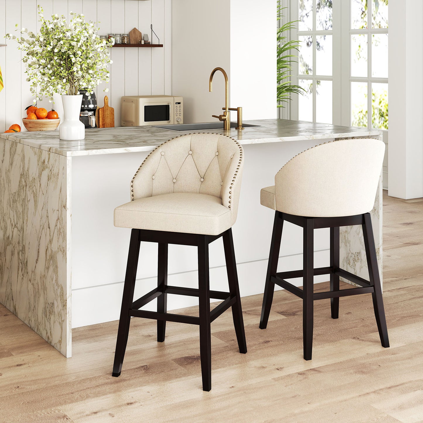 31 Inch Bar Stools Set of 4, Padded Swivel Seat, Rubber Wood Frame, Beige Bar Stools at Gallery Canada