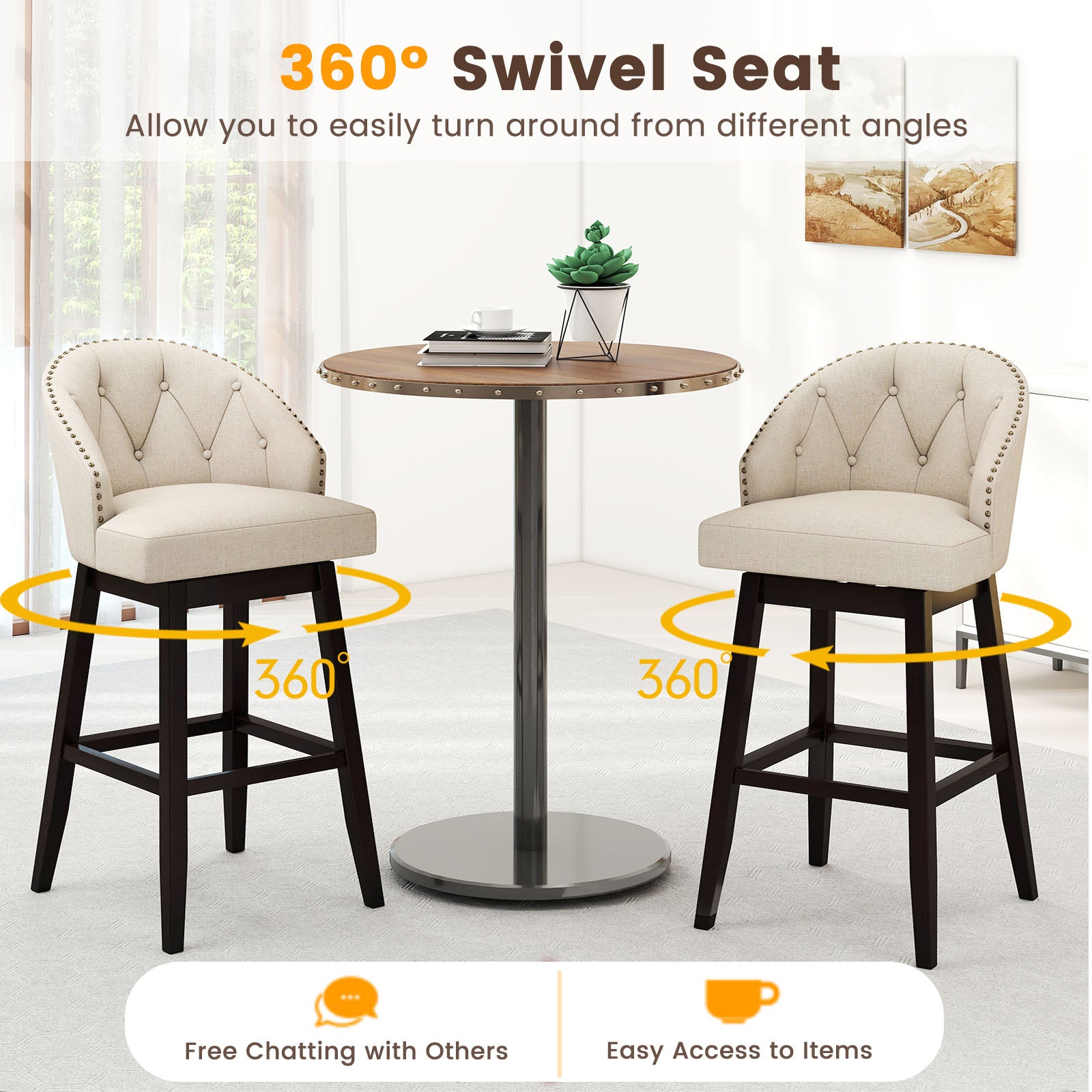 31 Inch Bar Stools Set of 4, Padded Swivel Seat, Rubber Wood Frame, Beige Bar Stools at Gallery Canada