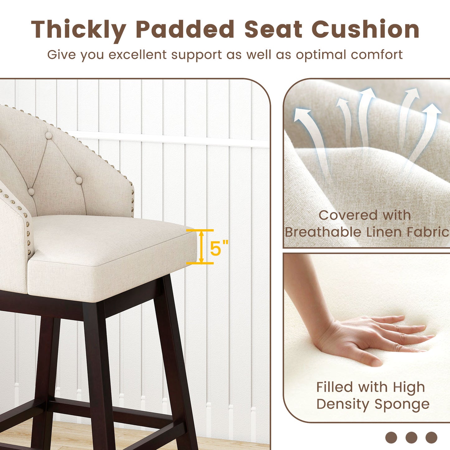 31 Inch Bar Stools Set of 4, Padded Swivel Seat, Rubber Wood Frame, Beige Bar Stools at Gallery Canada