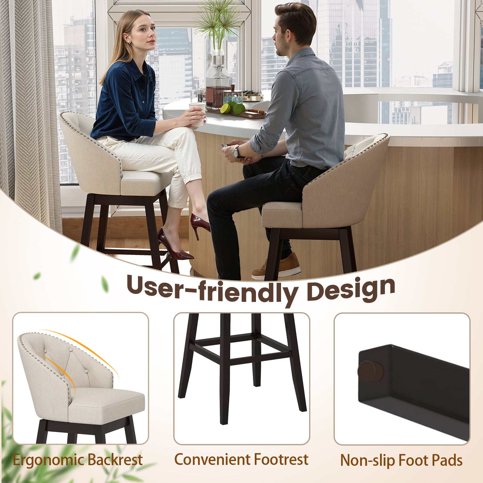 31 Inch Bar Stools Set of 4, Padded Swivel Seat, Rubber Wood Frame, Beige Bar Stools at Gallery Canada