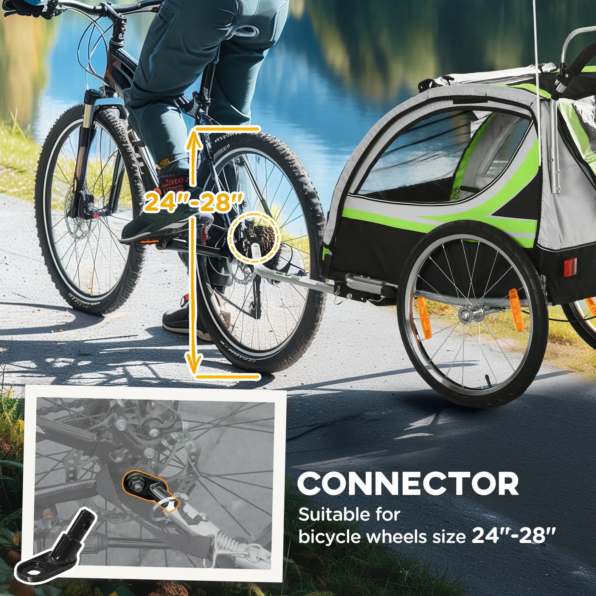 2 Seat Bike Trailer, Double Jogging Stroller, Handbrake, Rubber Wheels, Green Kids Bike Trailers at Gallery Canada
