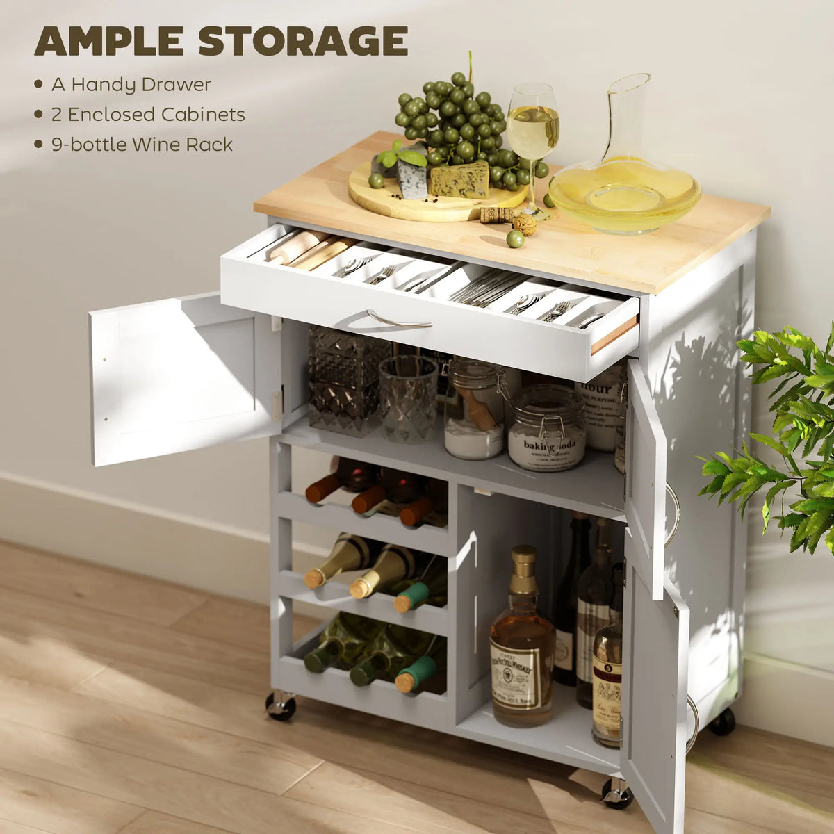 Rolling Kitchen Cart, Island with Storage Drawer, 9-Bottle Wine Rack, White Kitchen Islands & Kitchen Carts at Gallery Canada