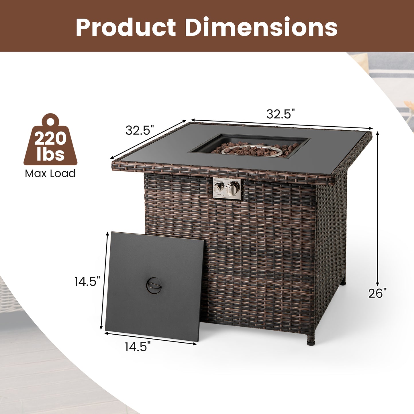 Propane Fire Pit Table, 32.5 Inch, 5000 BTU, Brown Fire Pit Tables at Gallery Canada