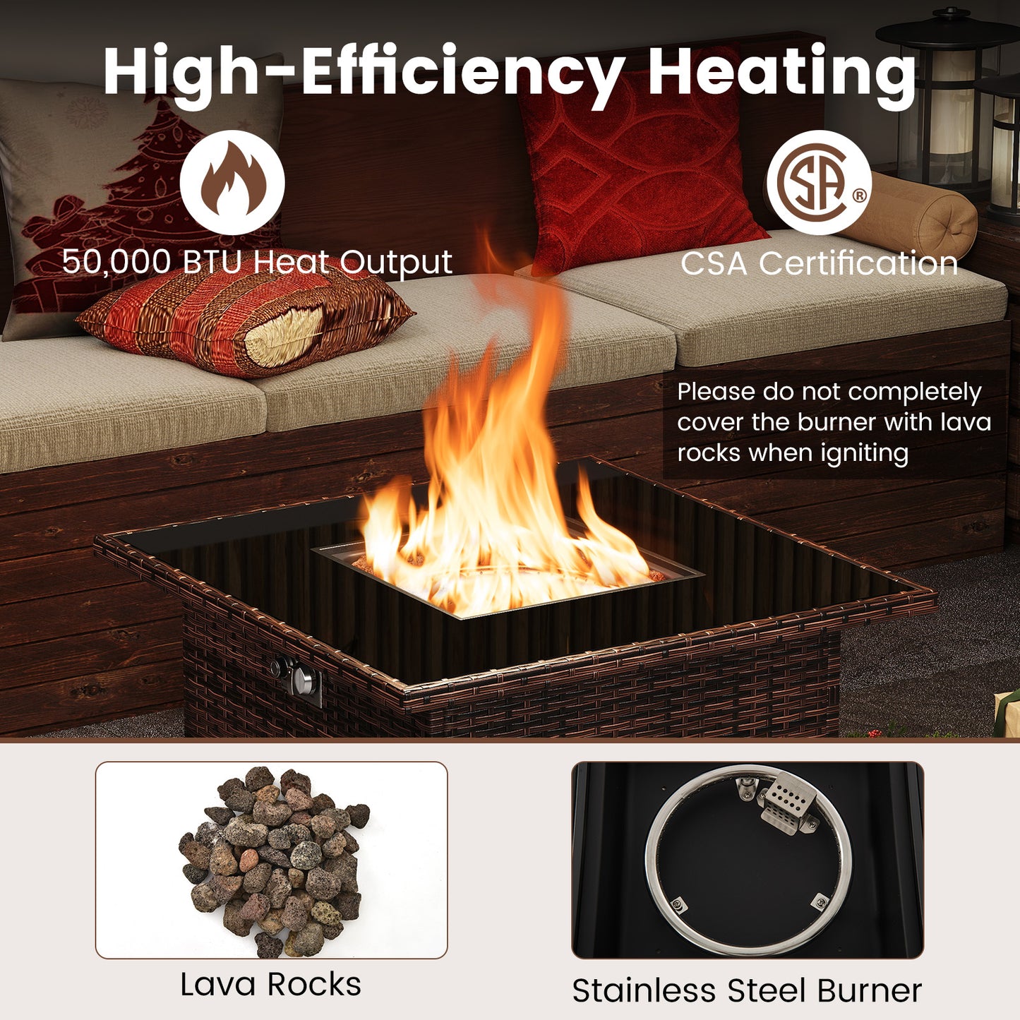 Propane Fire Pit Table, 32.5 Inch, 5000 BTU, Brown Fire Pit Tables at Gallery Canada
