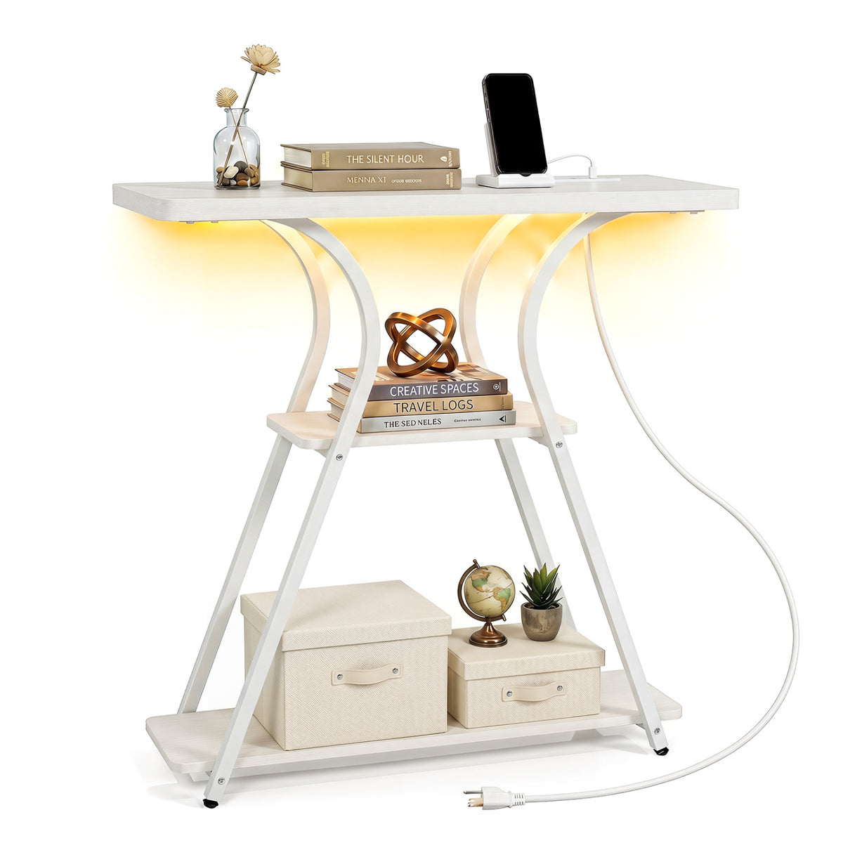 32 Inch Narrow Entryway Table with Power Outlets & LED Lights, Oak Console Tables at Gallery Canada