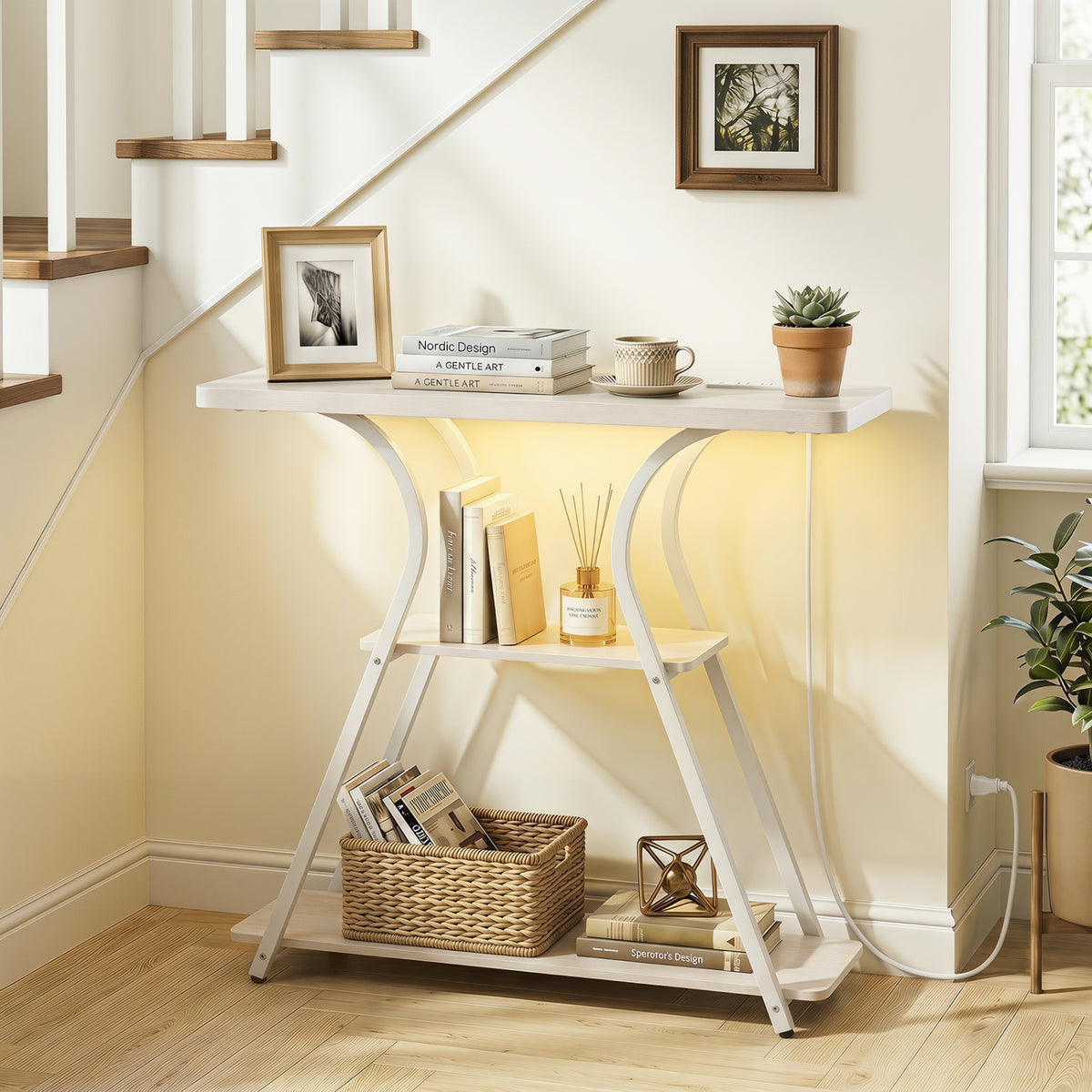 32 Inch Narrow Entryway Table with Power Outlets & LED Lights, Oak Console Tables at Gallery Canada