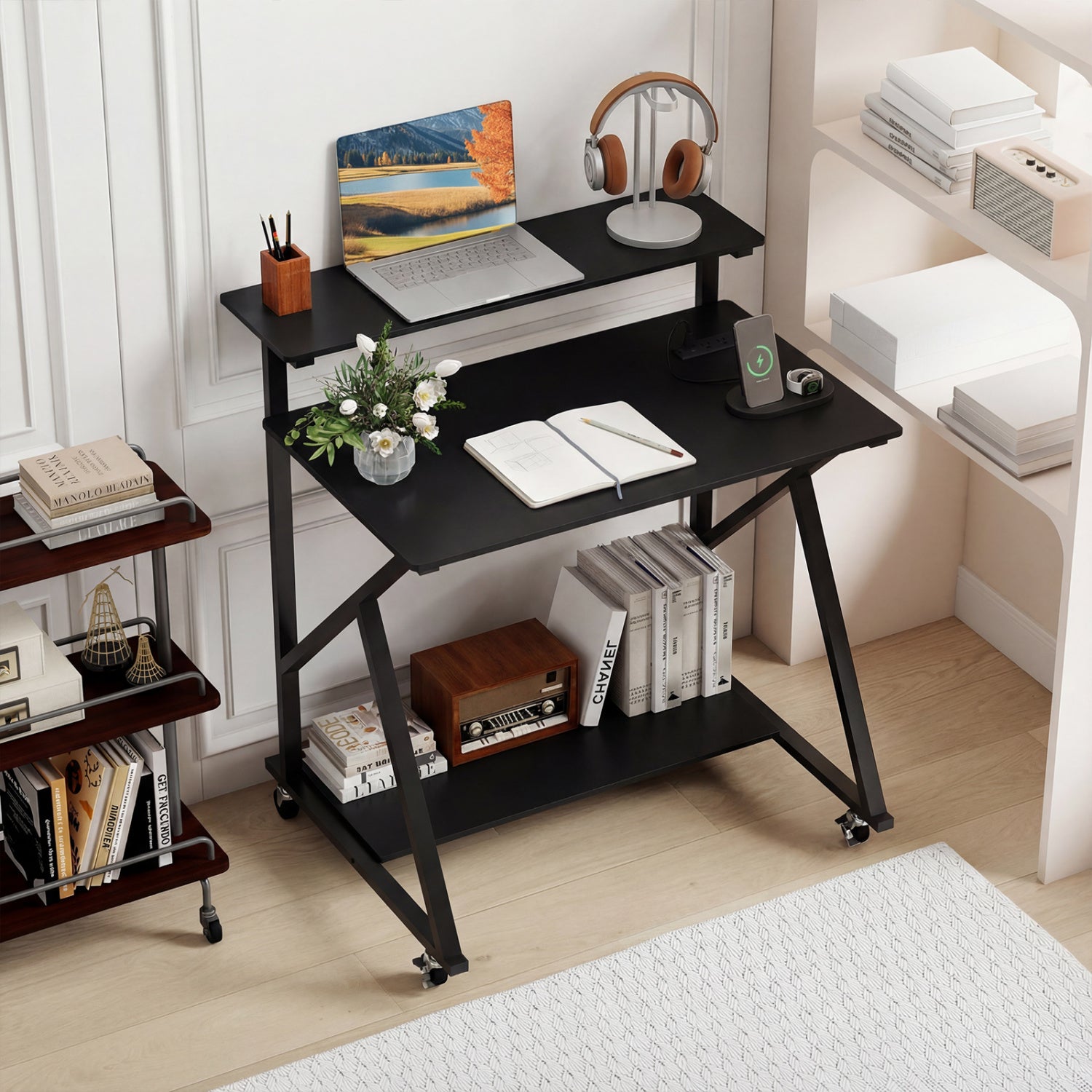 32 Inch Rolling Computer Desk, Power Outlets, Black Writing Desks at Gallery Canada