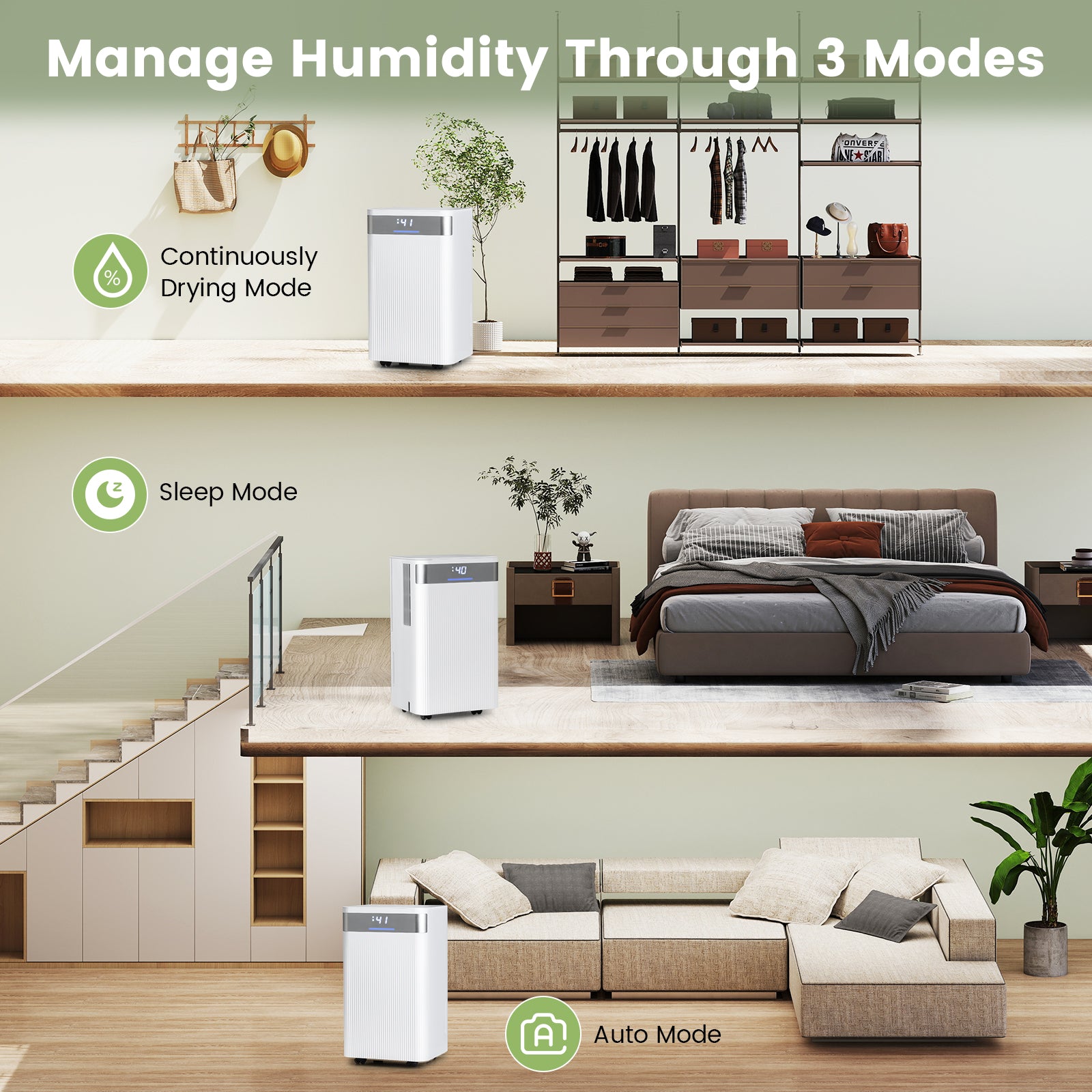 32 Pints 2000 Sq.ft Quiet Dehumidifier, 3 Modes, White Dehumidifiers at Gallery Canada