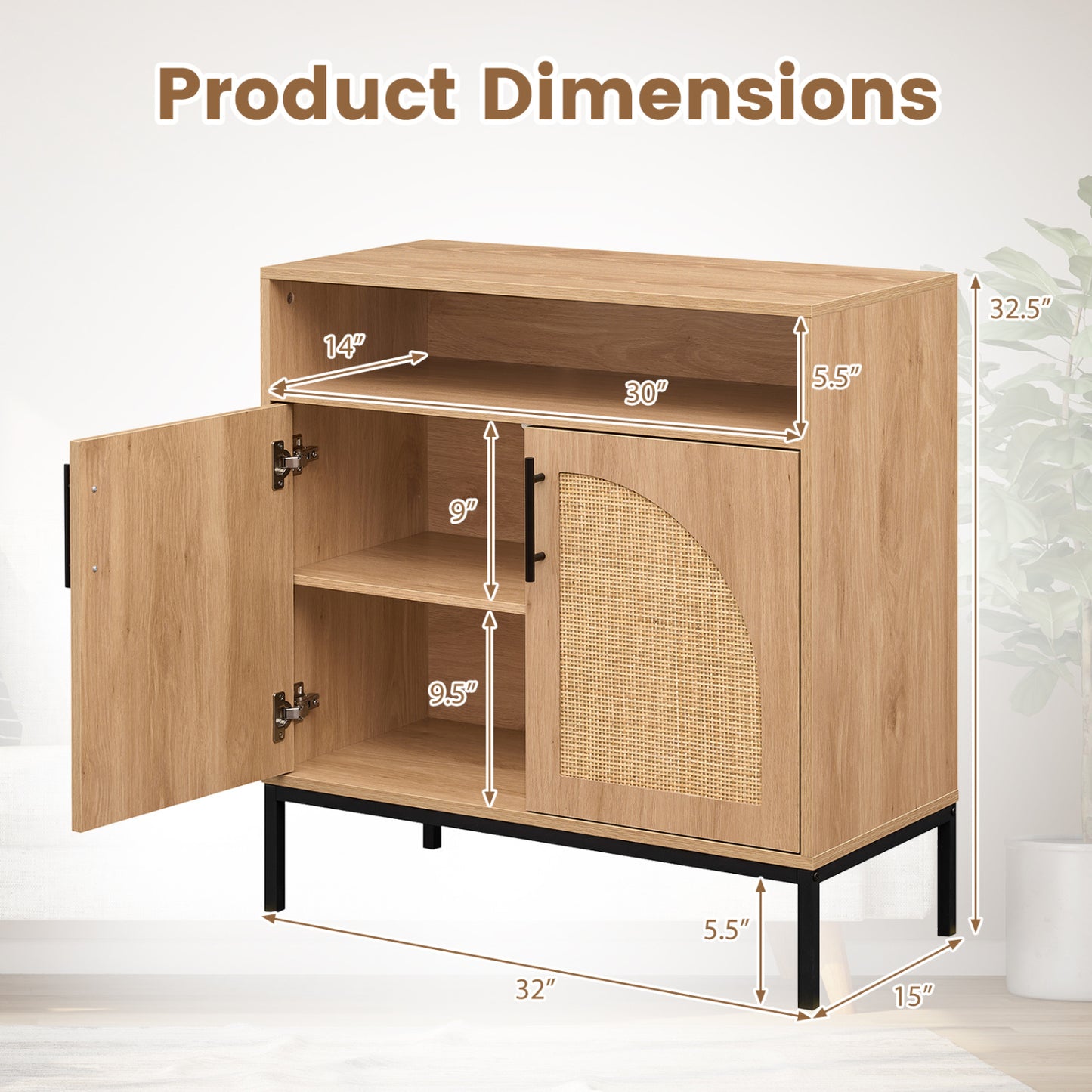 32" Sideboard Buffet Cabinet, 2 Rattan Doors, Adjustable Shelf, Natural Sideboards Cabinets & Buffets at Gallery Canada