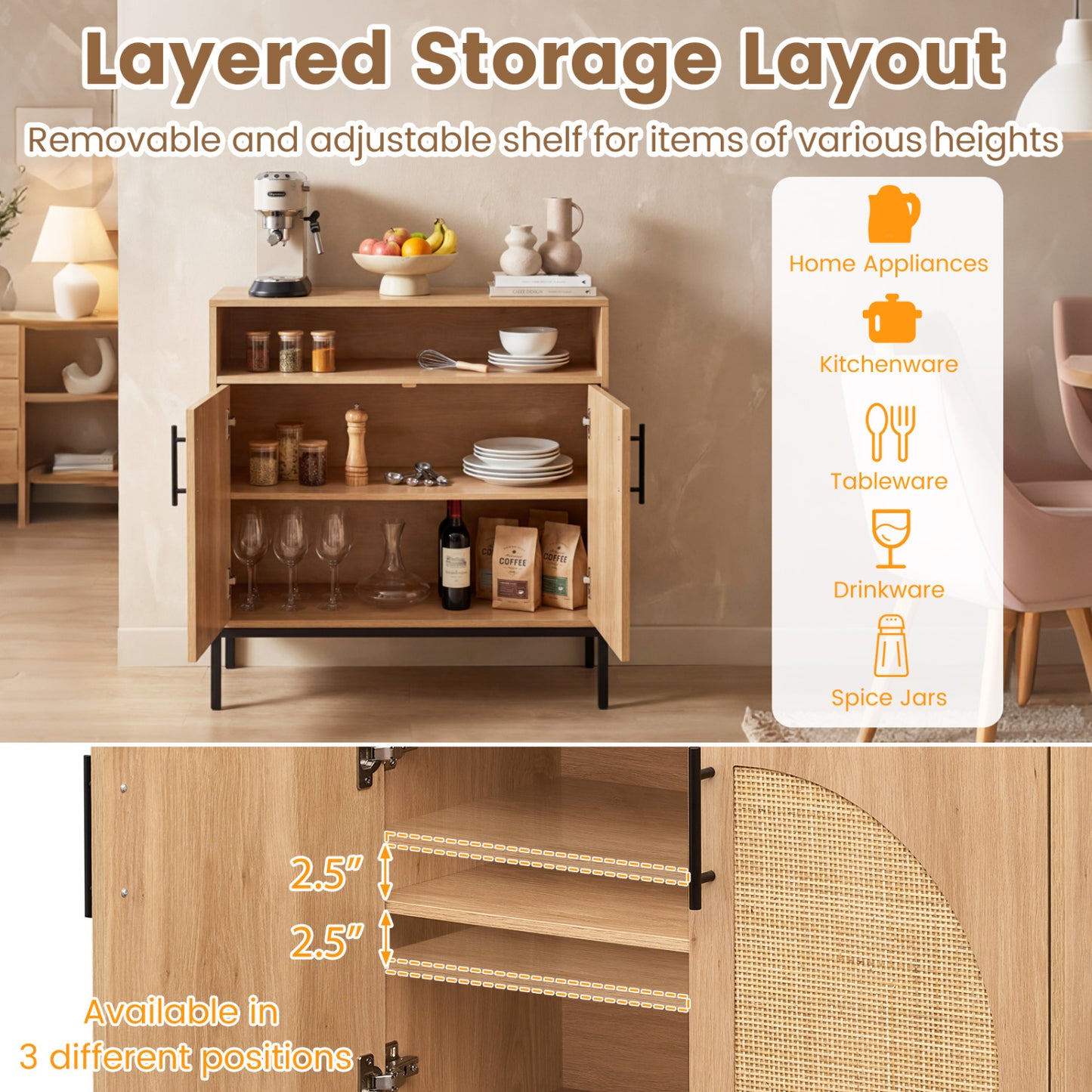 32" Sideboard Buffet Cabinet, 2 Rattan Doors, Adjustable Shelf, Natural Sideboards Cabinets & Buffets at Gallery Canada