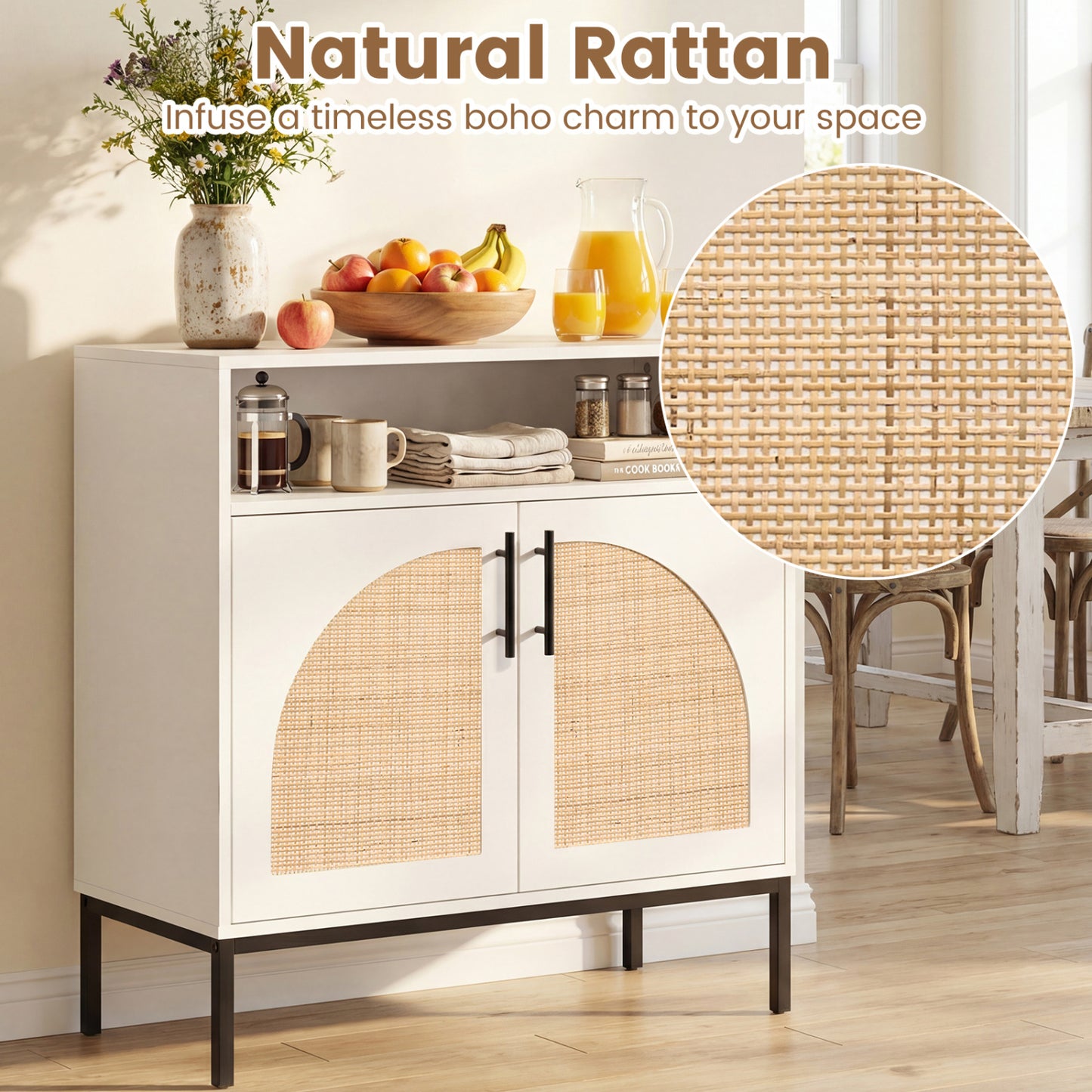 32" Sideboard Buffet Cabinet with Rattan Doors, White Sideboards Cabinets & Buffets at Gallery Canada