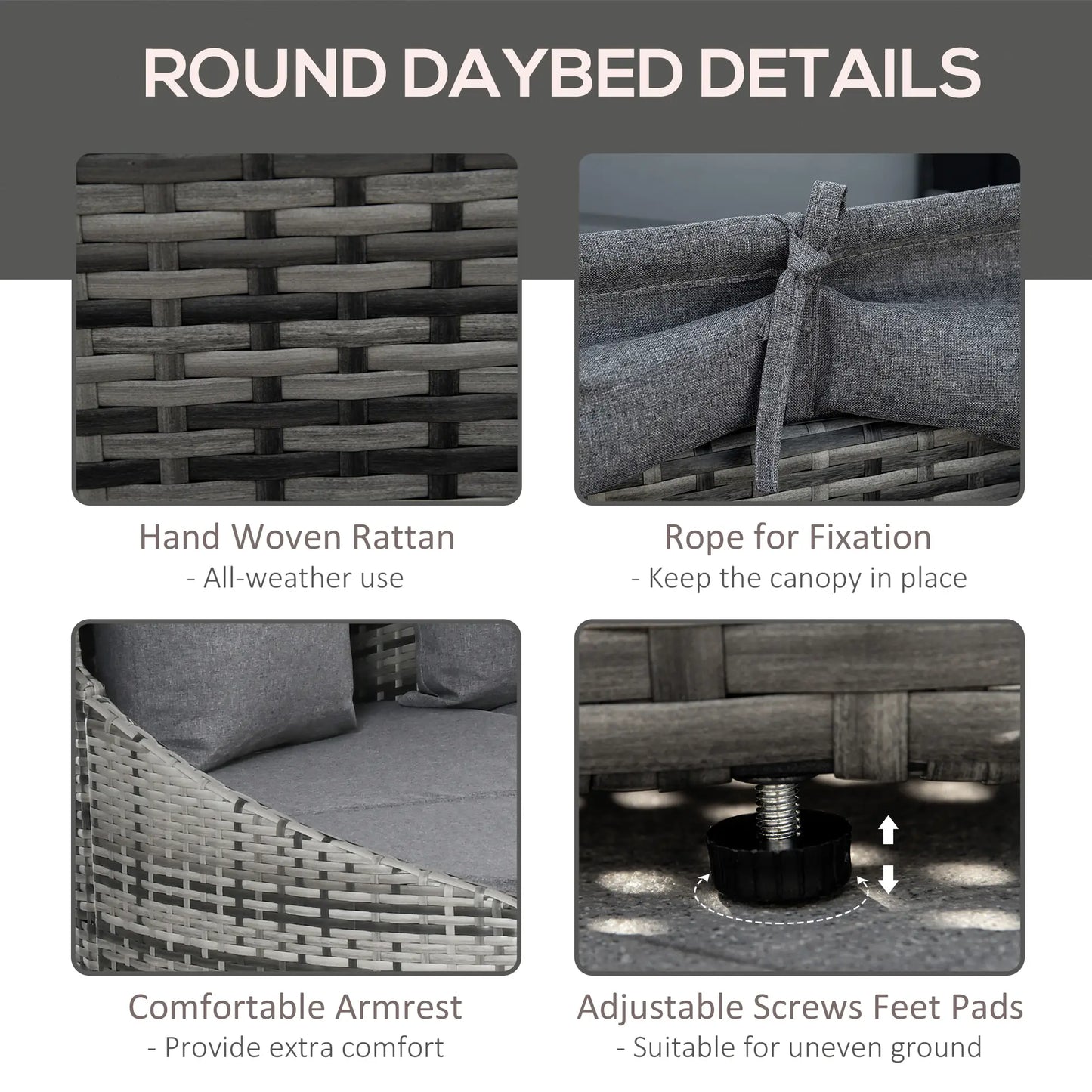 4-Piece PE Wicker Round Daybed, Outdoor Rattan Lounge Set, Grey Daybeds at Gallery Canada