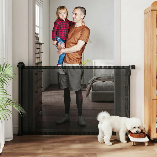 Retractable Dog Gate, 36.6" Tall, 55" Wide Mesh Pet Gate Pet Gates Black at Gallery Canada