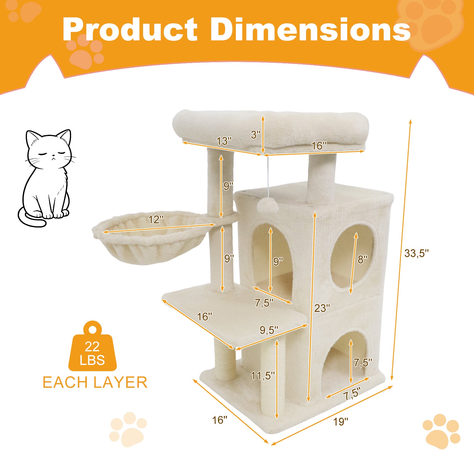 33.5 Inch Cute Kitten Tower with 2-Tier Condo and Padded Top Perch, Beige Cat Trees Condos & Scratchers at Gallery Canada
