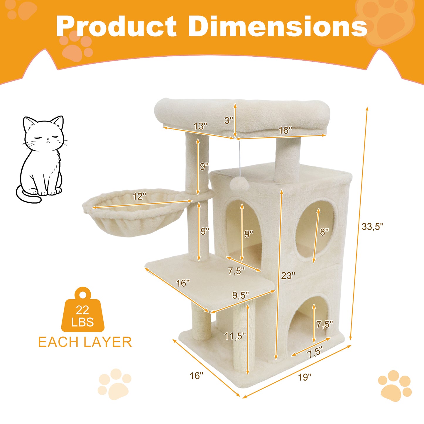 33.5 Inch Cute Kitten Tower with 2-Tier Condo and Padded Top Perch, Beige Cat Trees Condos & Scratchers at Gallery Canada