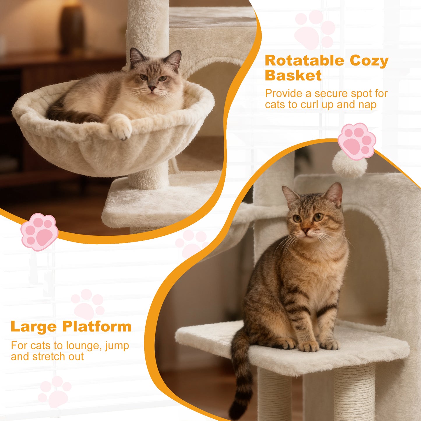 33.5 Inch Cute Kitten Tower with 2-Tier Condo and Padded Top Perch, Beige Cat Trees Condos & Scratchers at Gallery Canada