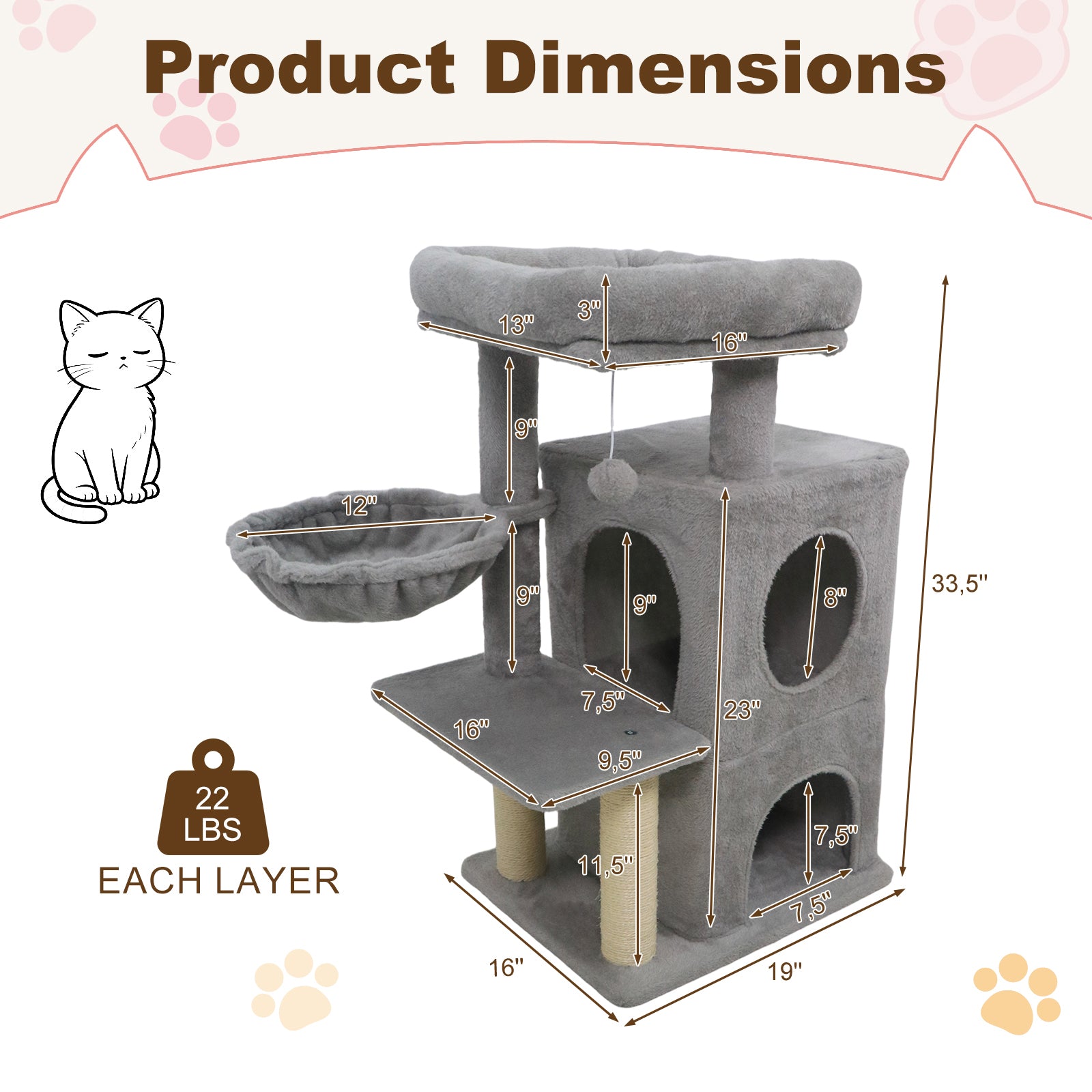 33.5 Inch Cute Kitten Tower with 2-Tier Condo and Padded Top Perch, Light Gray Cat Trees Condos & Scratchers at Gallery Canada