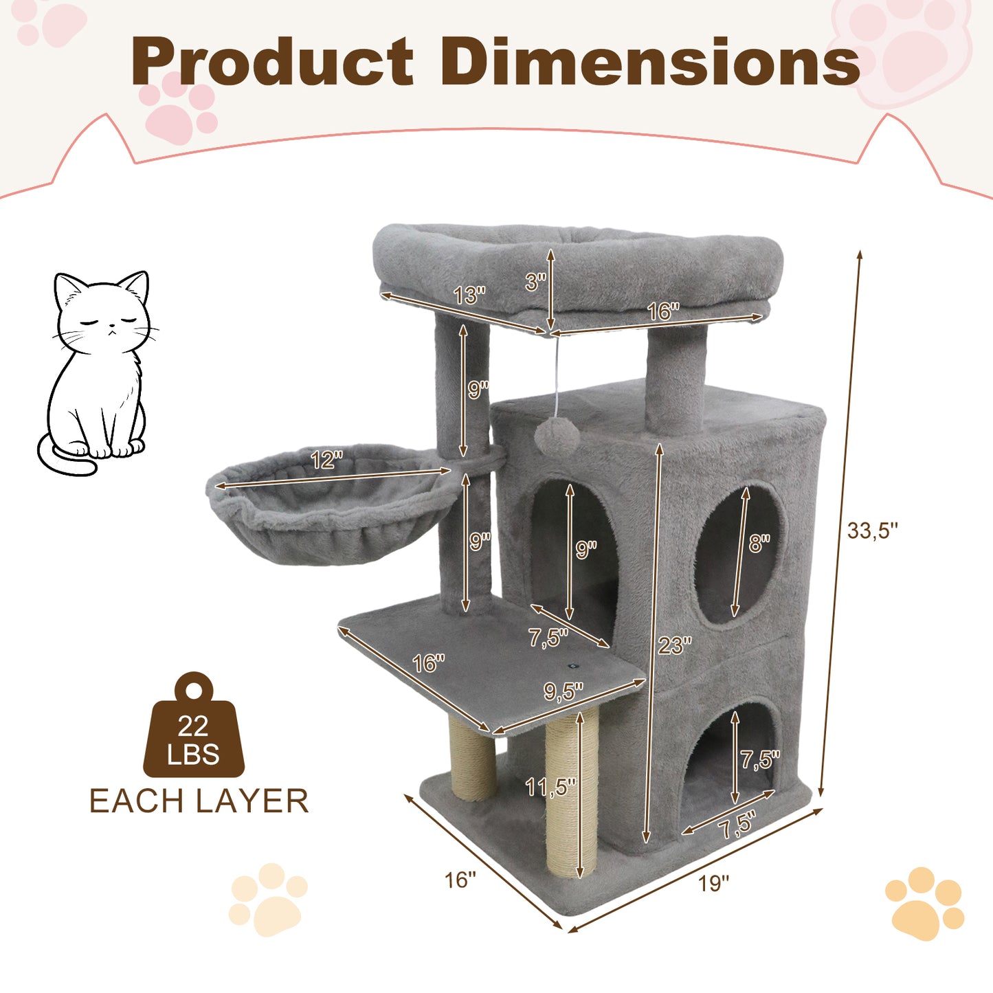 33.5 Inch Cute Kitten Tower with 2-Tier Condo and Padded Top Perch, Light Gray Cat Trees Condos & Scratchers at Gallery Canada