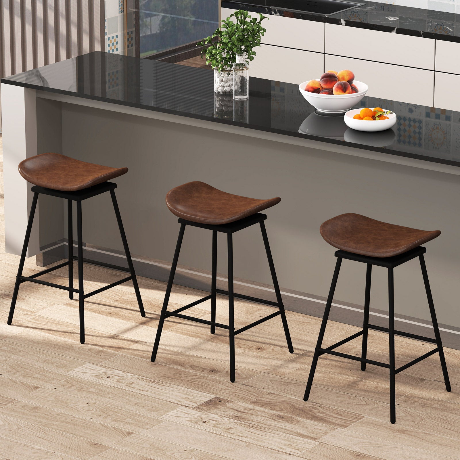 Set Of 2 Swivel Barstools, Faux Leather, Backless With Footrest, Brown Bar Stools at Gallery Canada