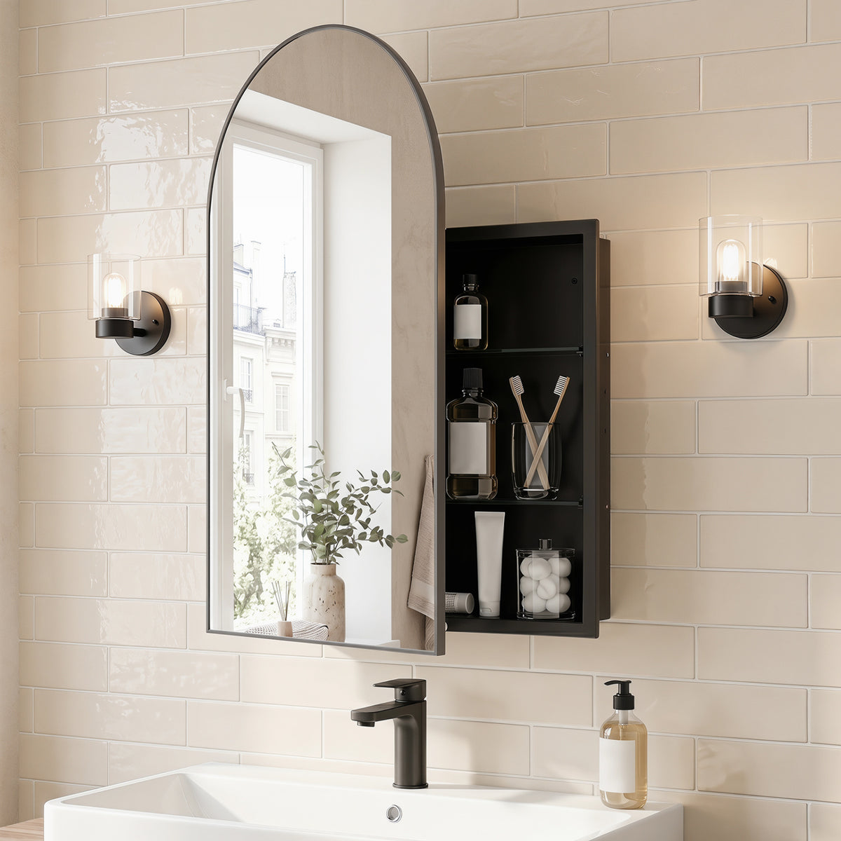 34" x 22" Brushed Metal Wall-Mounted Storage Cabinet with Arched Mirror and Adjustable Shelves, Black Wall Cabinets at Gallery Canada