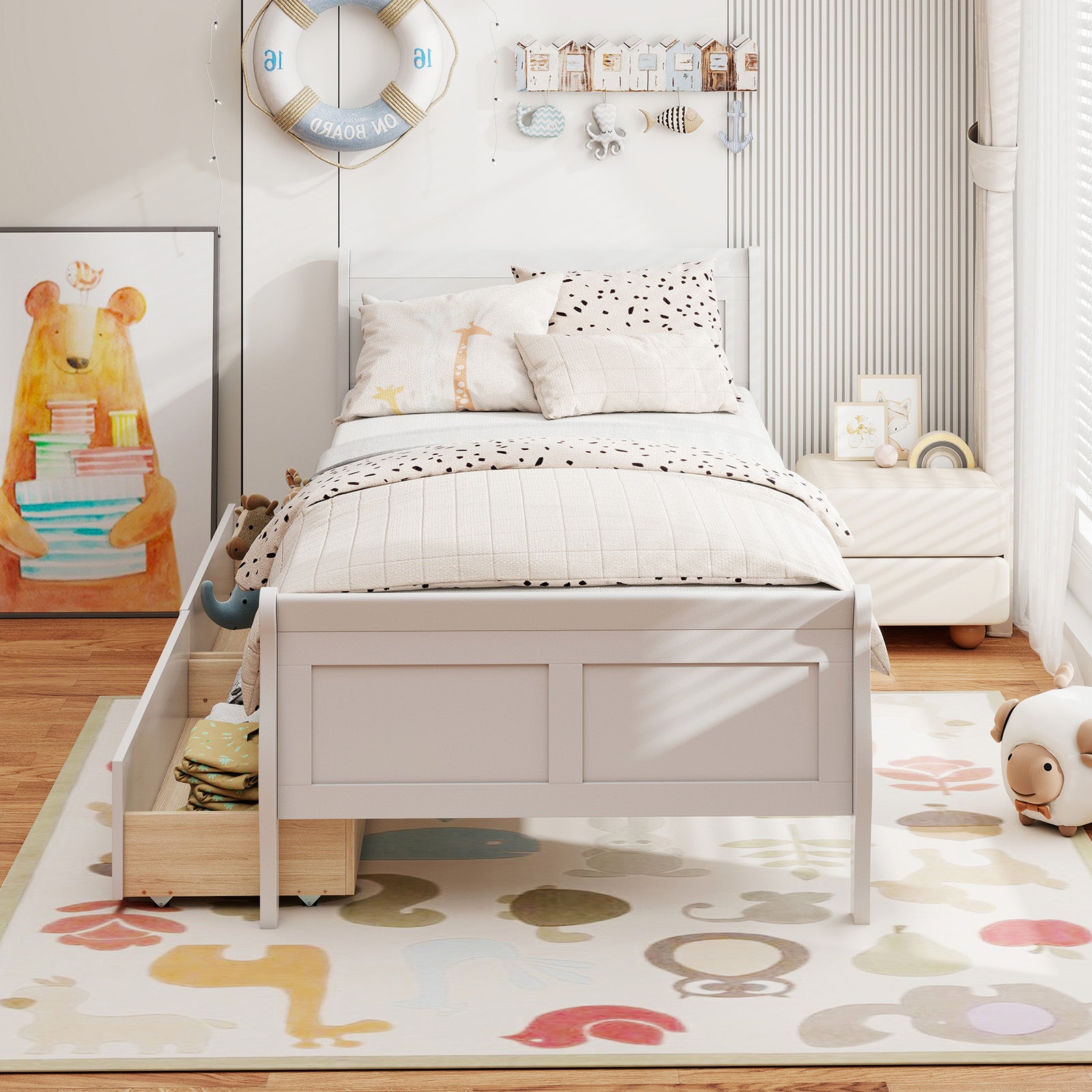 Twin Size Sleigh Bed, 2 Storage Drawers, Wood Platform Frame, White Simple Bed Frame at Gallery Canada