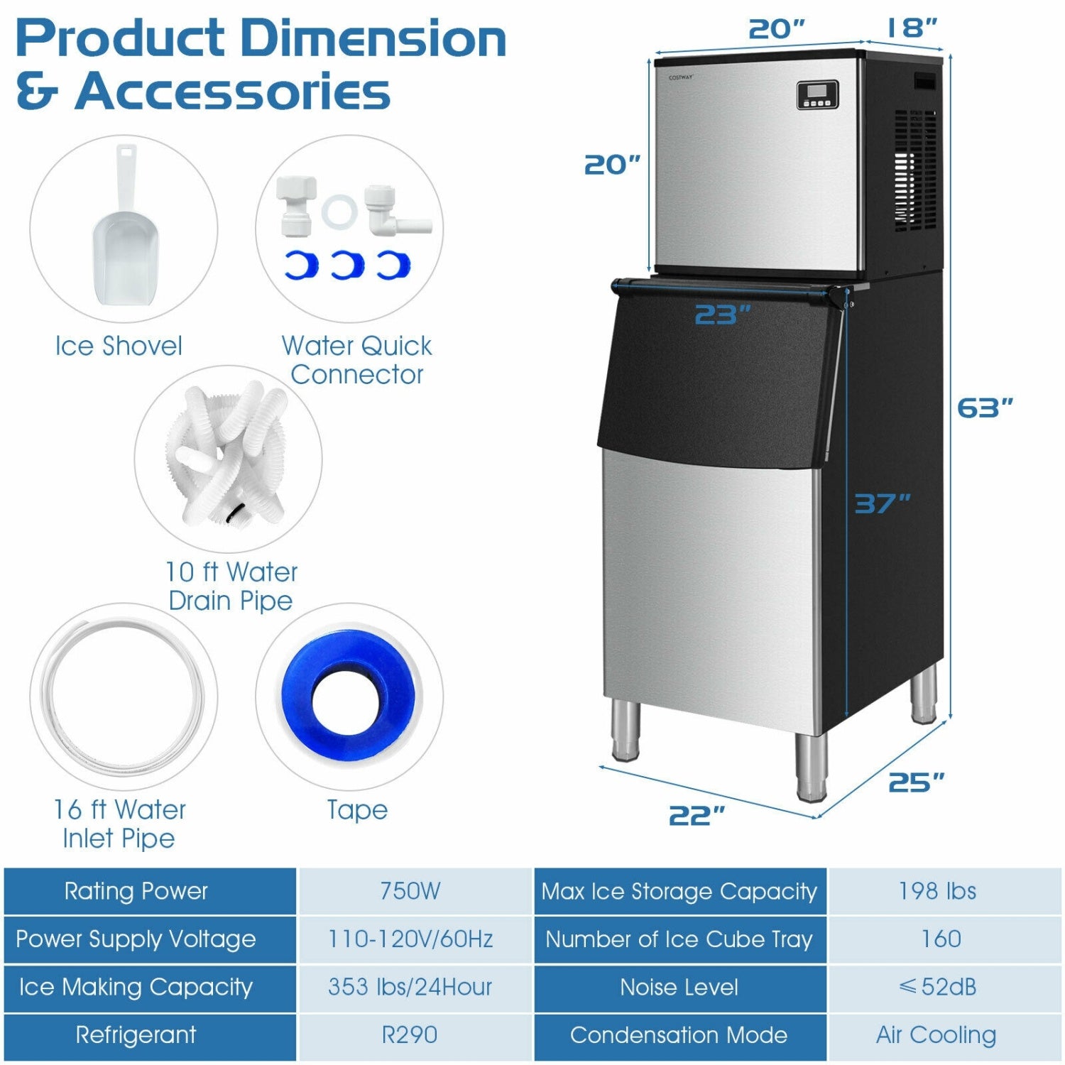 353Lbs/24H Split Commercial Ice Maker, 198 Lbs Storage Bin, Silver Ice Makers at Gallery Canada