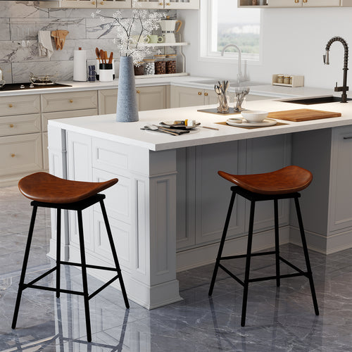 Set Of 2 Swivel Barstools, Faux Leather, Backless With Footrest, Brown
