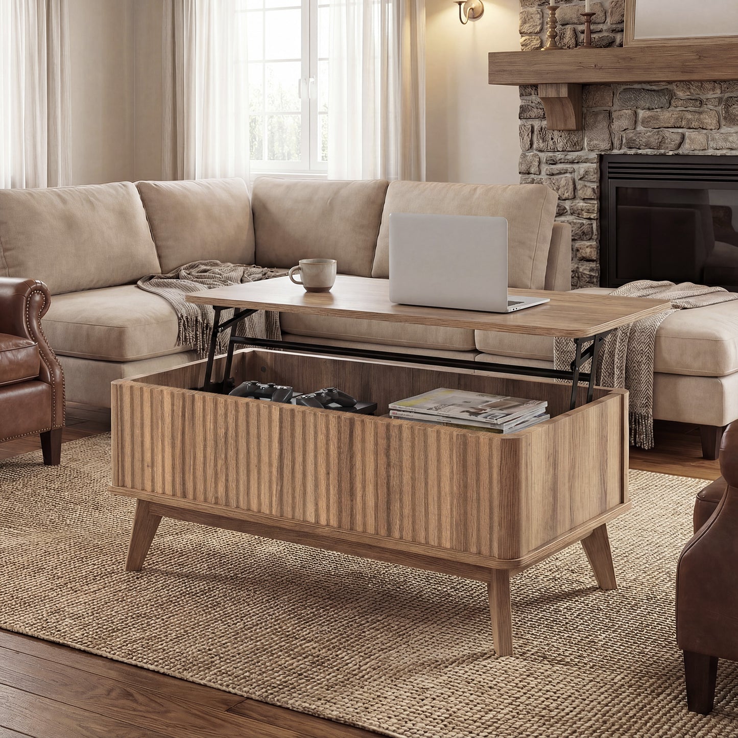 35.5" Rectangle Wooden Fluted Lift Top Coffee Table, Walnut Coffee Tables at Gallery Canada