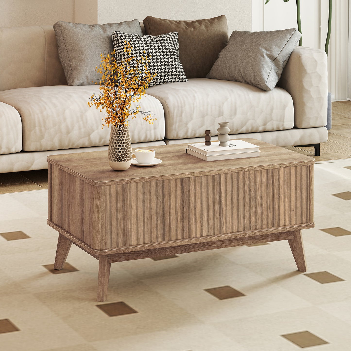 35.5" Rectangle Wooden Fluted Lift Top Coffee Table, Walnut Coffee Tables at Gallery Canada