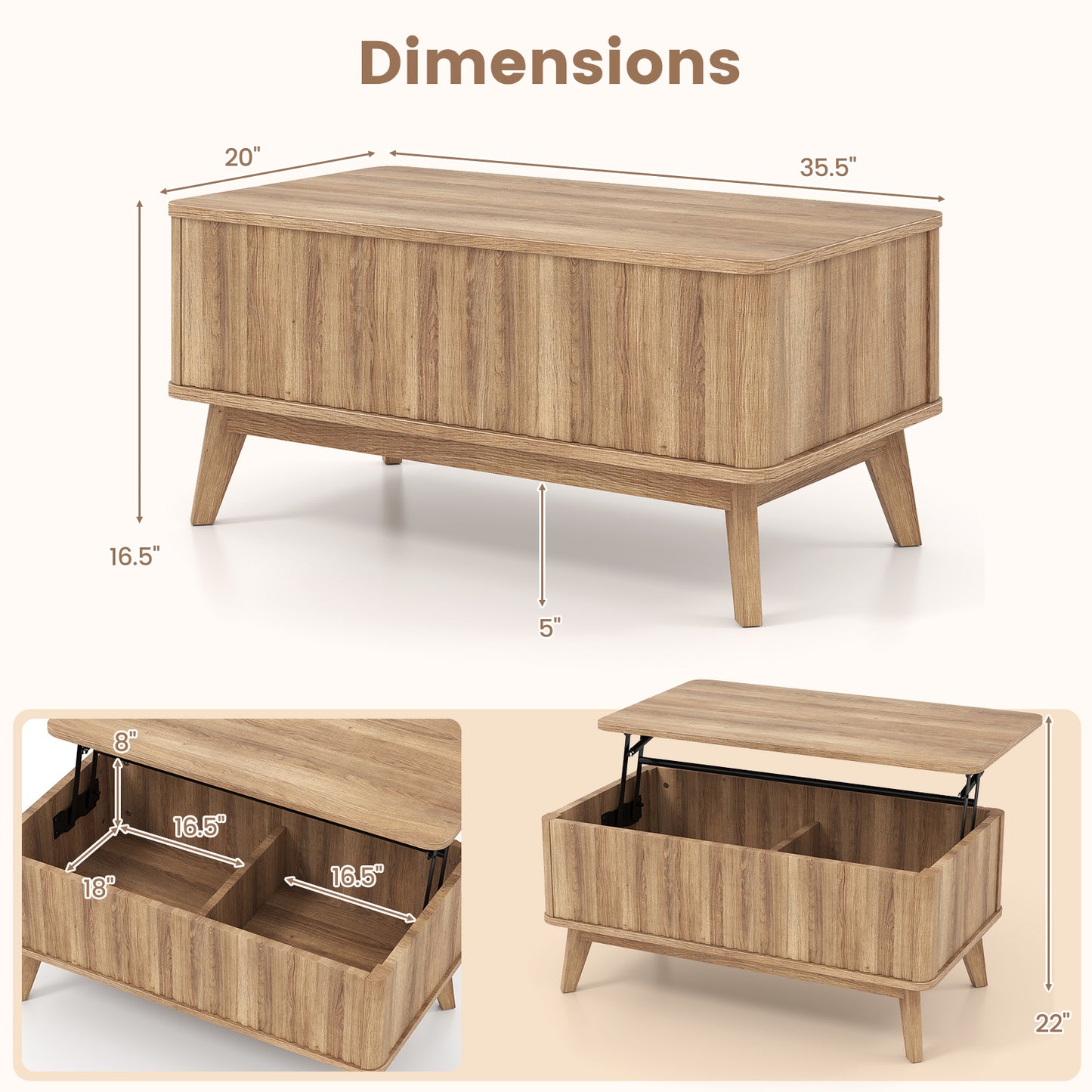 35.5" Rectangle Wooden Fluted Lift Top Coffee Table, Walnut Coffee Tables at Gallery Canada
