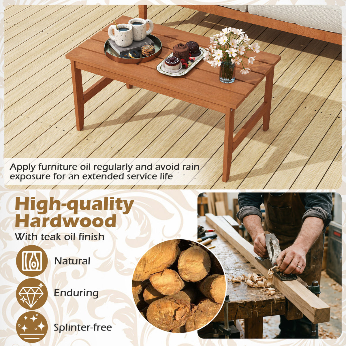 Solid Wood Outdoor Coffee Table, 35.5", Teak Finish Patio Coffee Tables at Gallery Canada