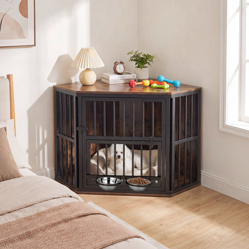 35.5 Inches Wooden Dog Kennel End Table, Dog Bowl Rack, Rustic Brown