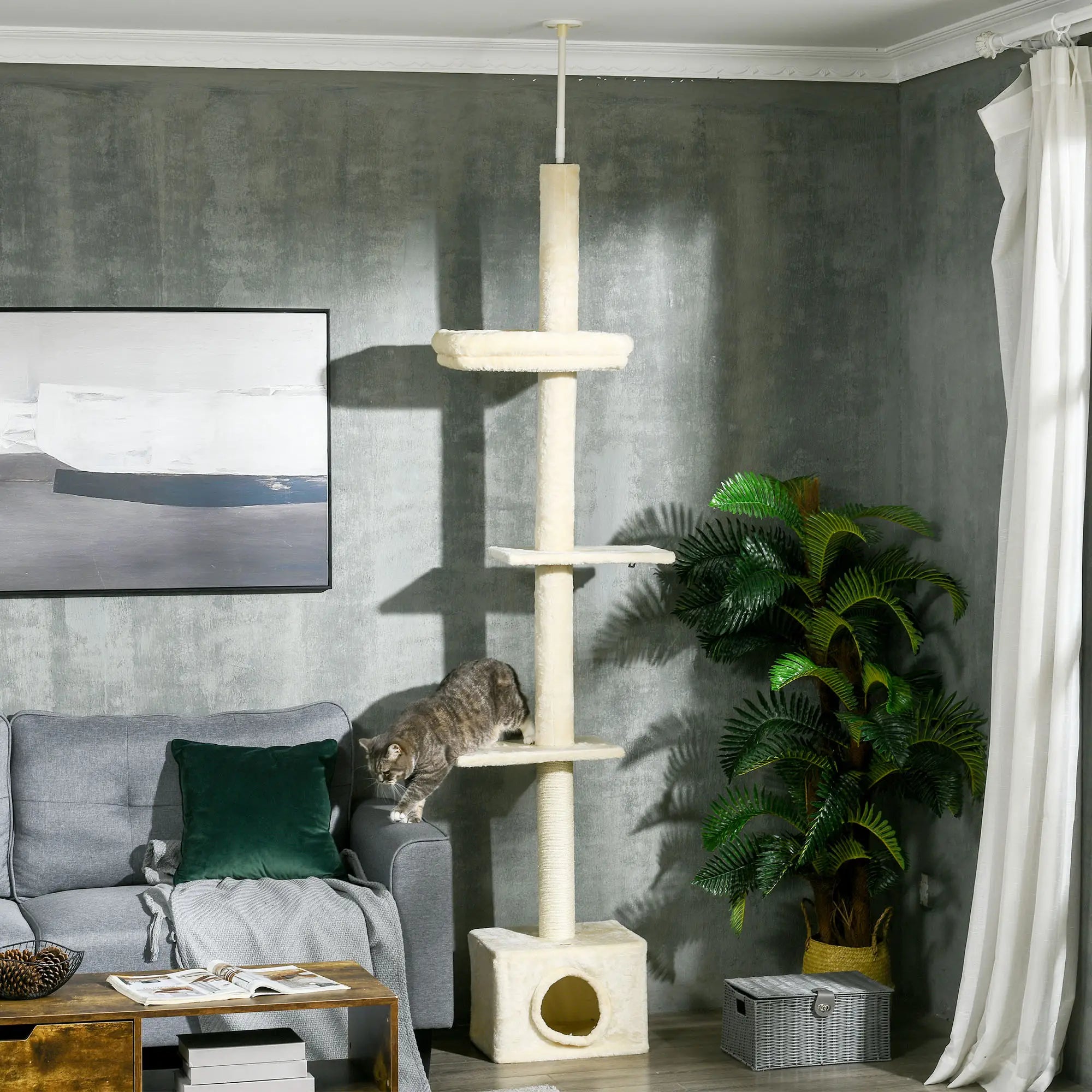 Adjustable Cat Tree, Scratching Post, House, Bed, 91-102 Inches, Beige Floor to Ceiling Cat Trees at Gallery Canada