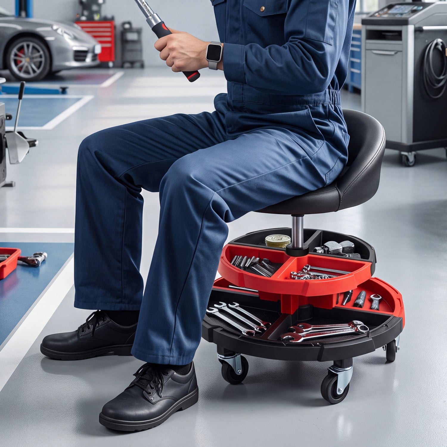 360° Rolling Mechanic Stool with Tool Trays, Red Garages at Gallery Canada