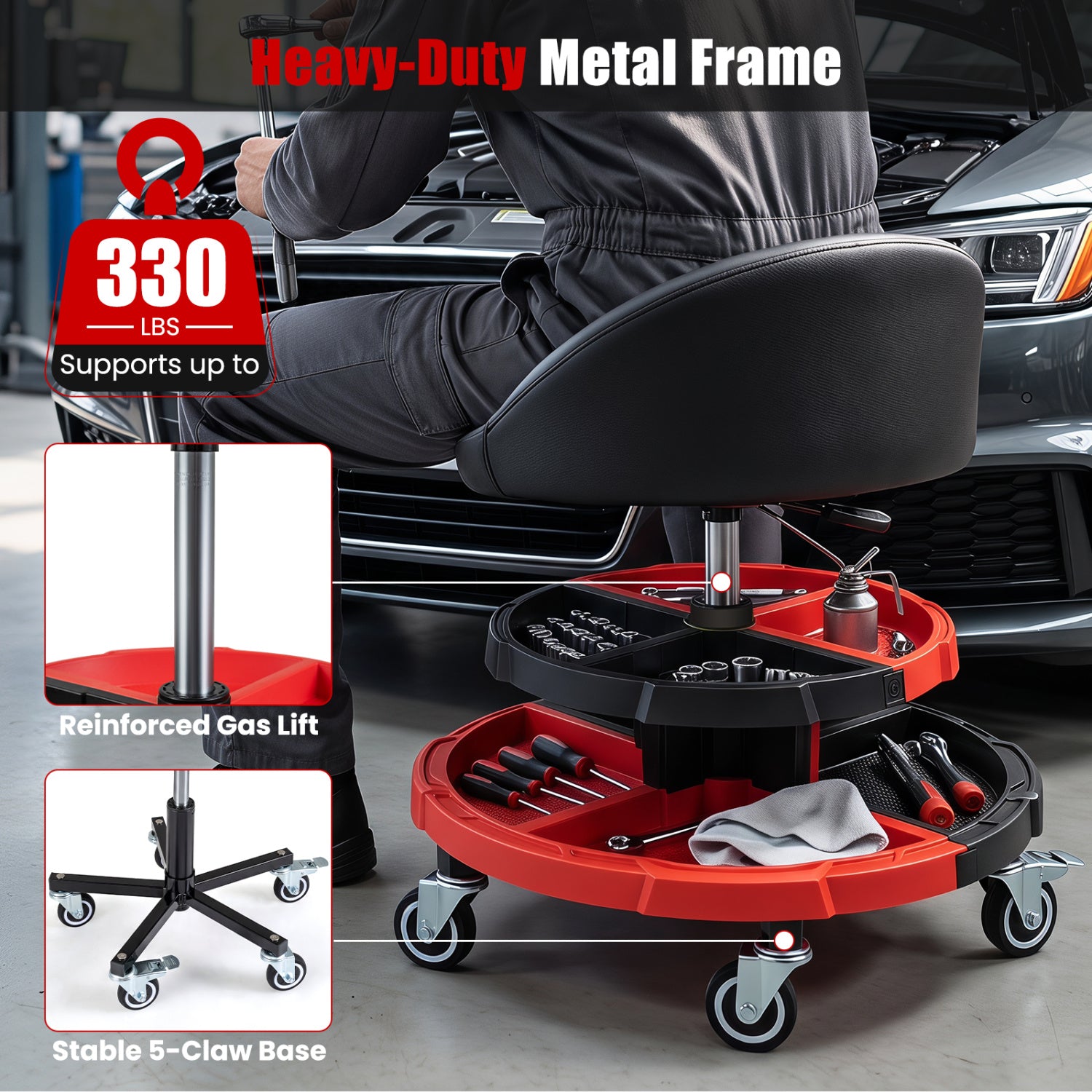 360° Rolling Mechanic Stool with Tool Trays, Red Garages at Gallery Canada