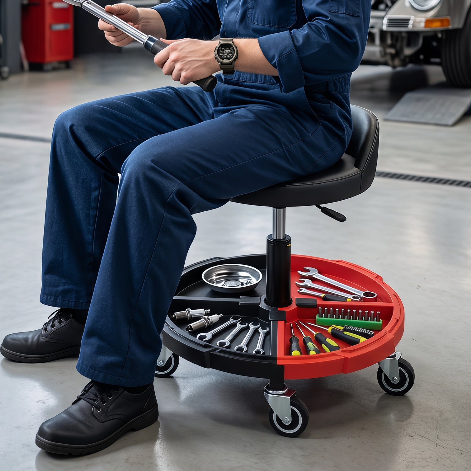 360° Rolling Mechanic Stool With Tool Tray, Red Garages at Gallery Canada