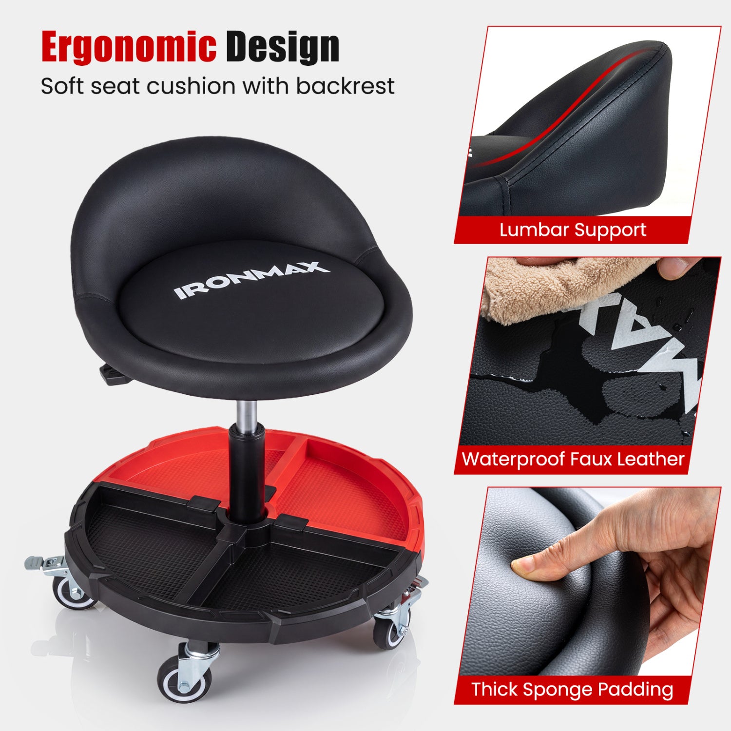 360° Rolling Mechanic Stool With Tool Tray, Red Garages at Gallery Canada