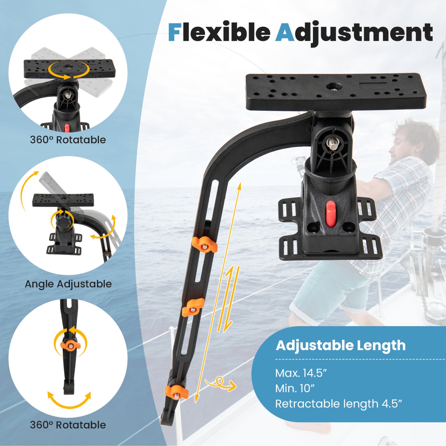 Accessoire de bateau de pêche rotatif à 360°, lot de 2, noir