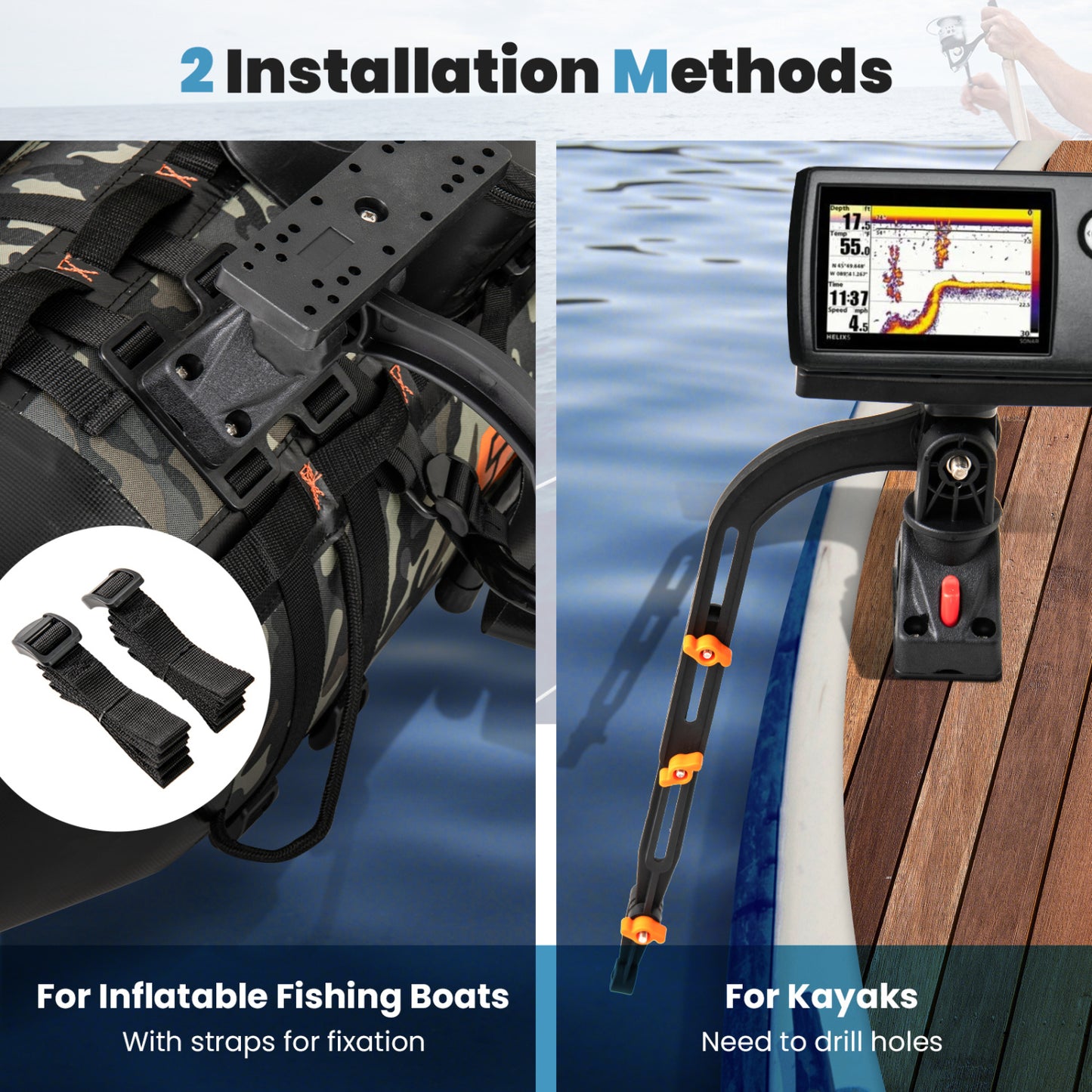 Accessoire de bateau de pêche rotatif à 360°, lot de 2, noir