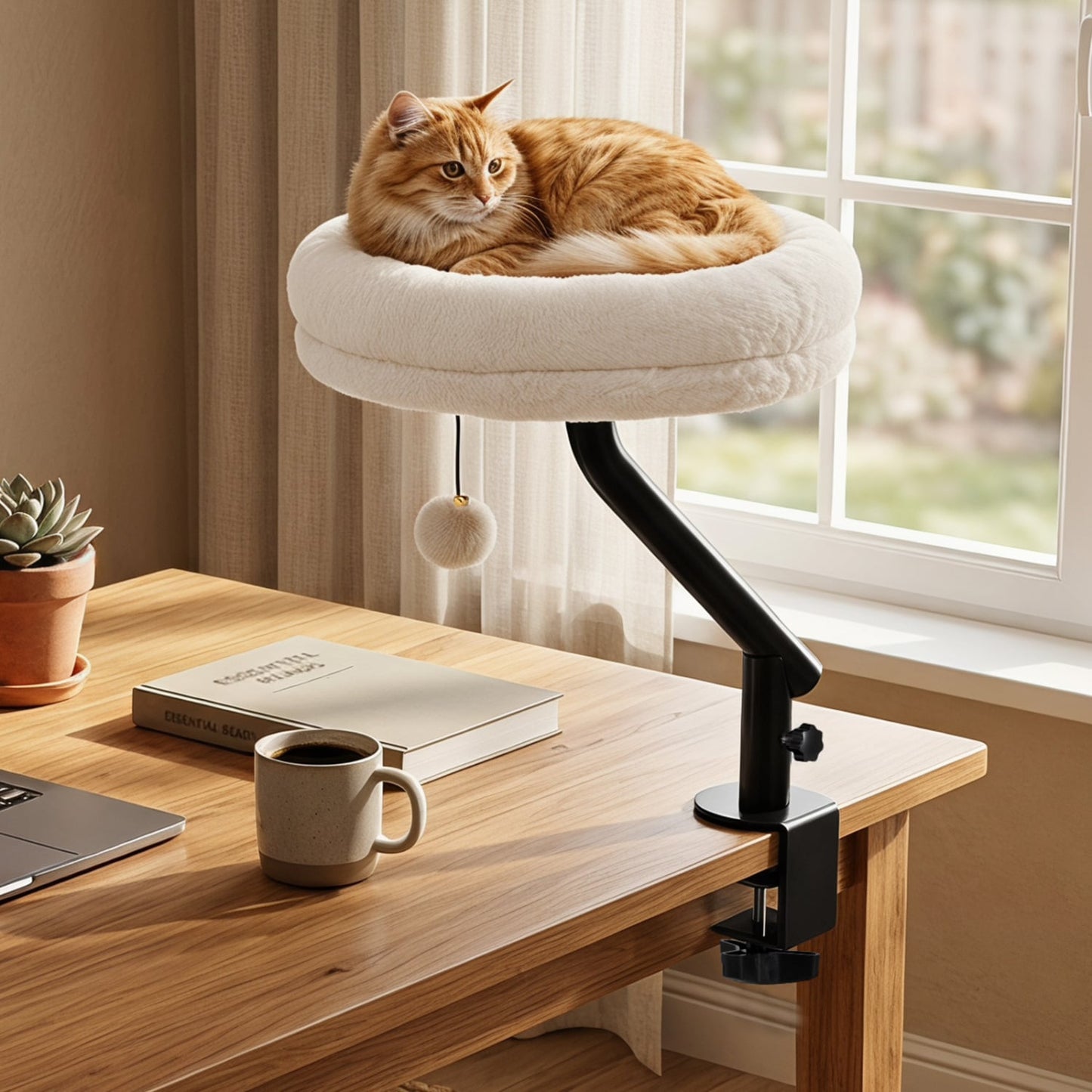 Cat Desk Bed, 360° Rotating, Removable Perch, White