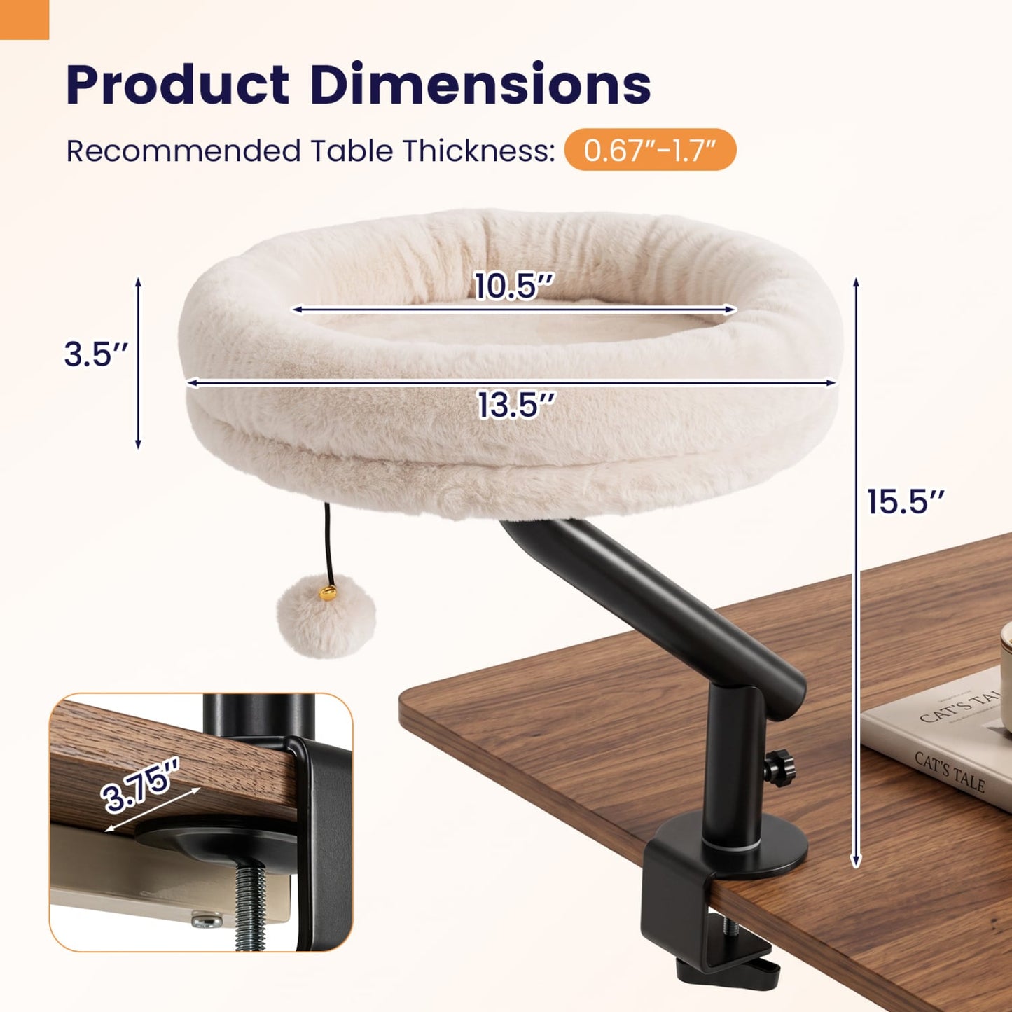 Cat Desk Bed, 360° Rotating, Removable Perch, White
