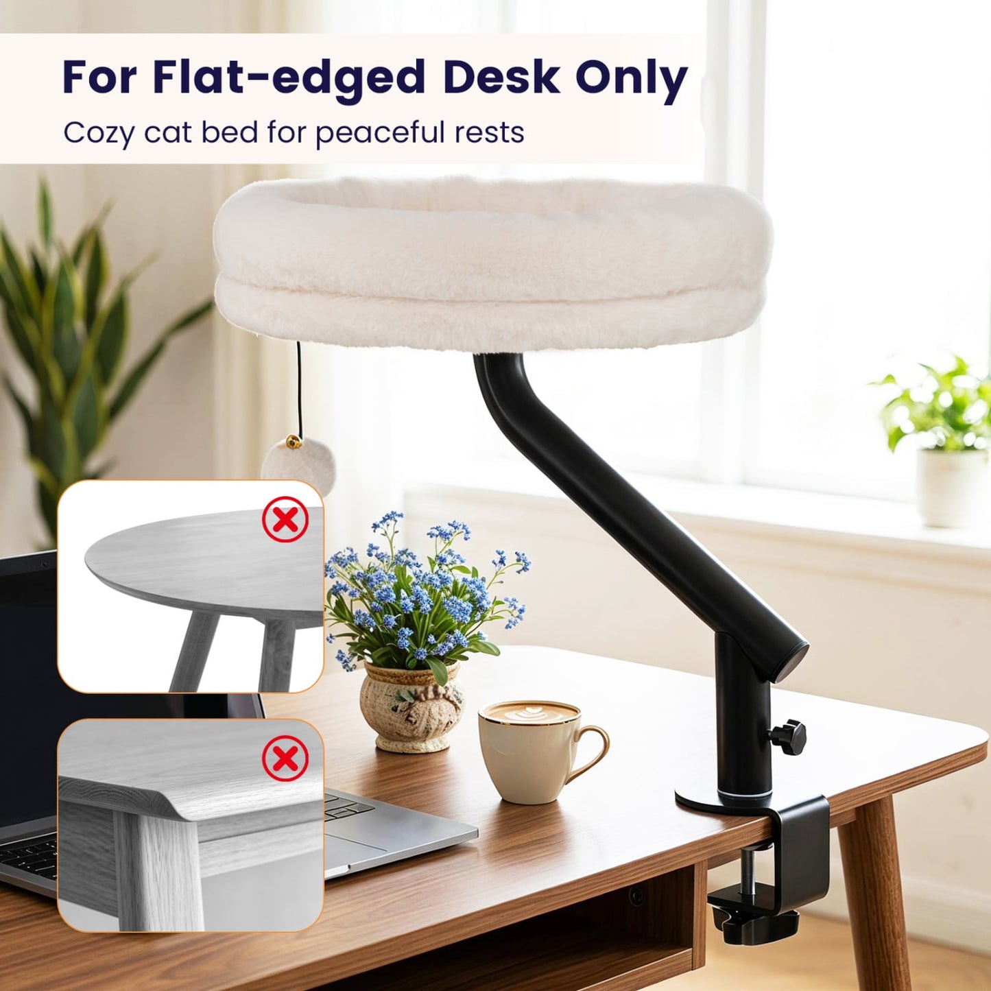Cat Desk Bed, 360° Rotating, Removable Perch, White