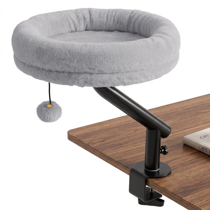 Lit de bureau pour chat rotatif à 360°, perchoir amovible, gris