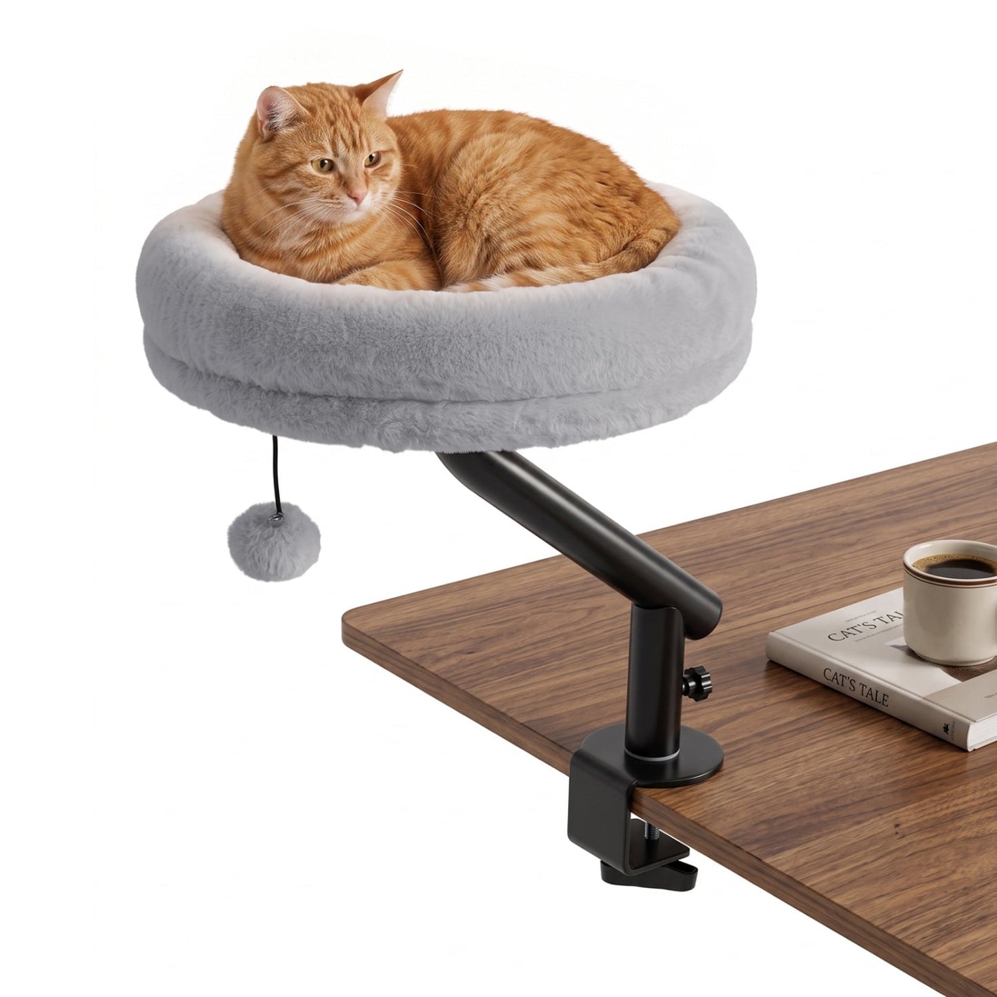 Lit de bureau pour chat rotatif à 360°, perchoir amovible, gris
