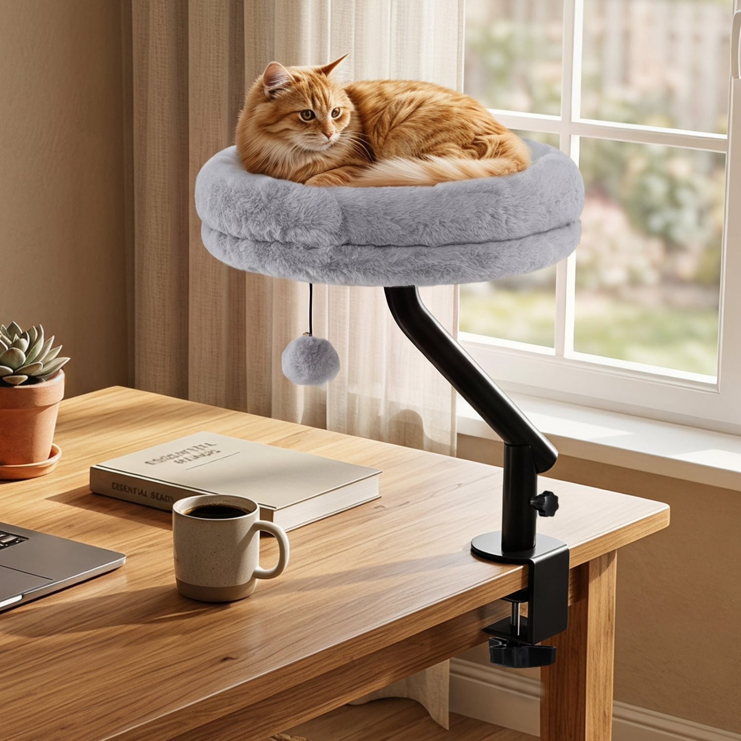 Lit de bureau pour chat rotatif à 360°, perchoir amovible, gris