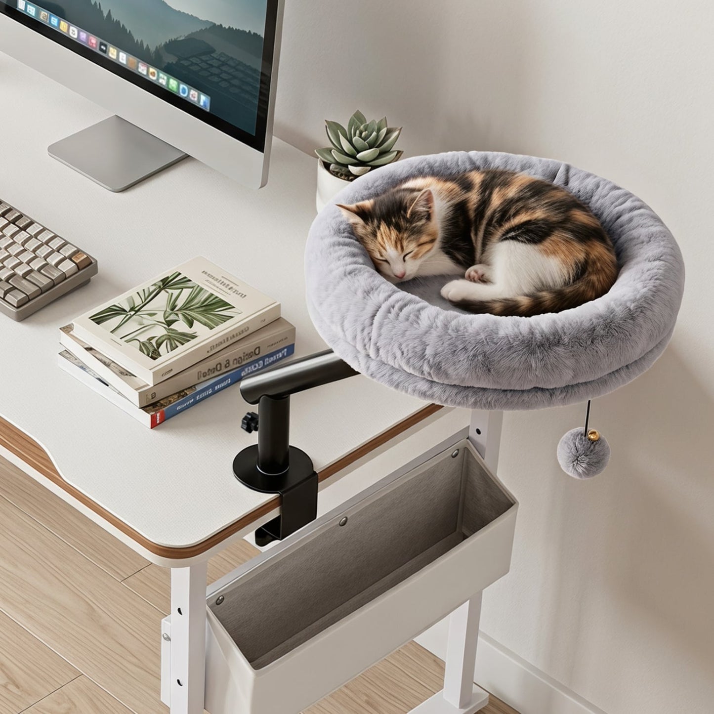 Lit de bureau pour chat rotatif à 360°, perchoir amovible, gris