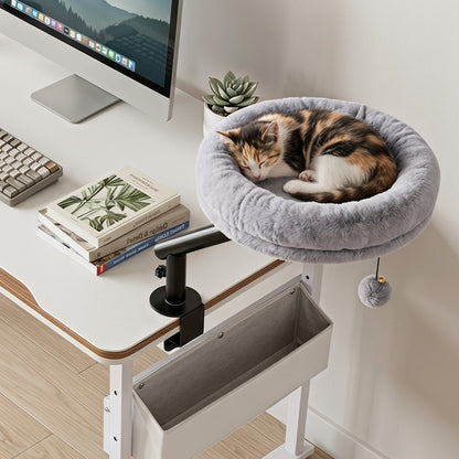 Lit de bureau pour chat rotatif à 360°, perchoir amovible, gris