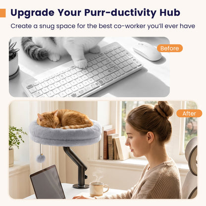 Lit de bureau pour chat rotatif à 360°, perchoir amovible, gris